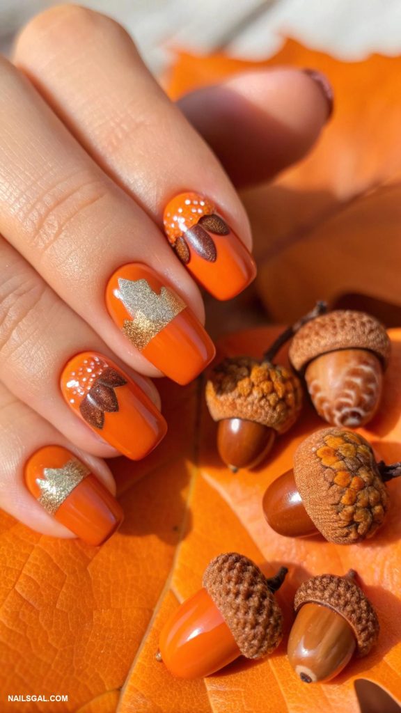 fall orange nails Cute acorns on orange background