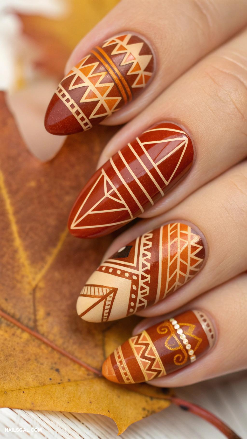 fall orange nails Geometric patterns in warm tones