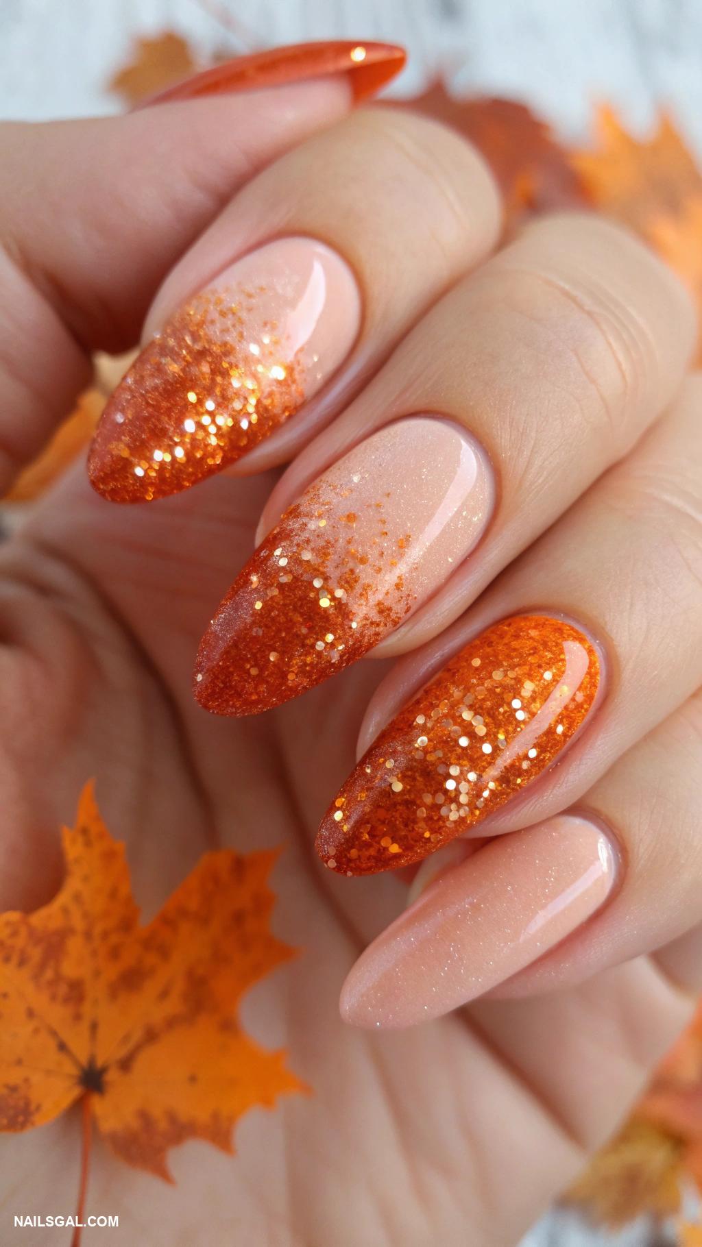 fall orange nails Glittery orange ombre effect