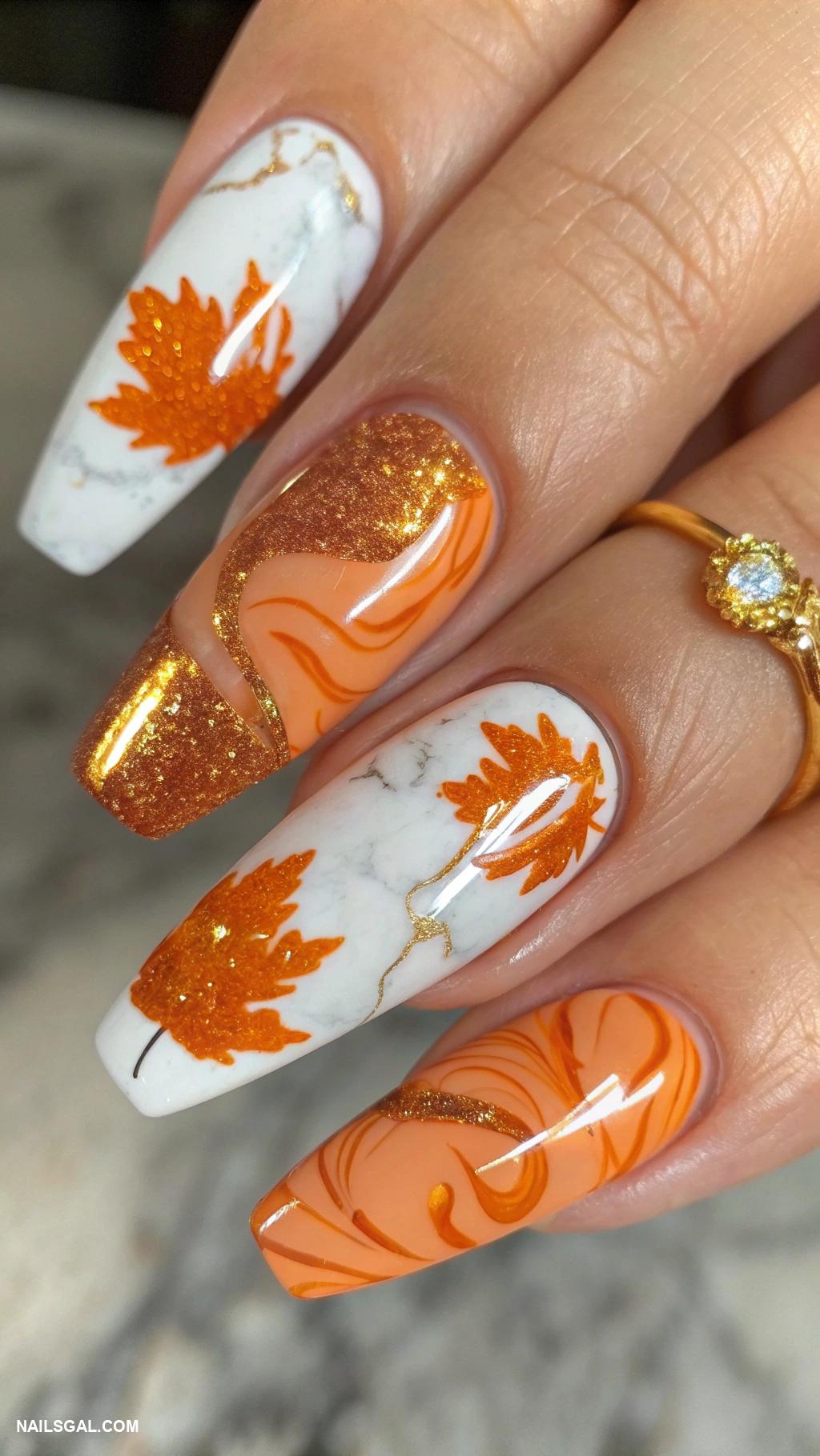 fall orange nails Marble orange and gold design