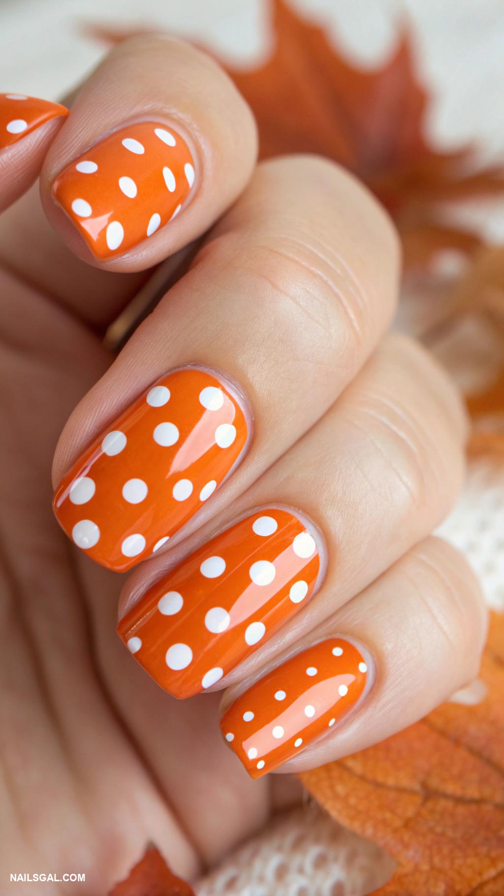 fall orange nails Orange base with white polka dots
