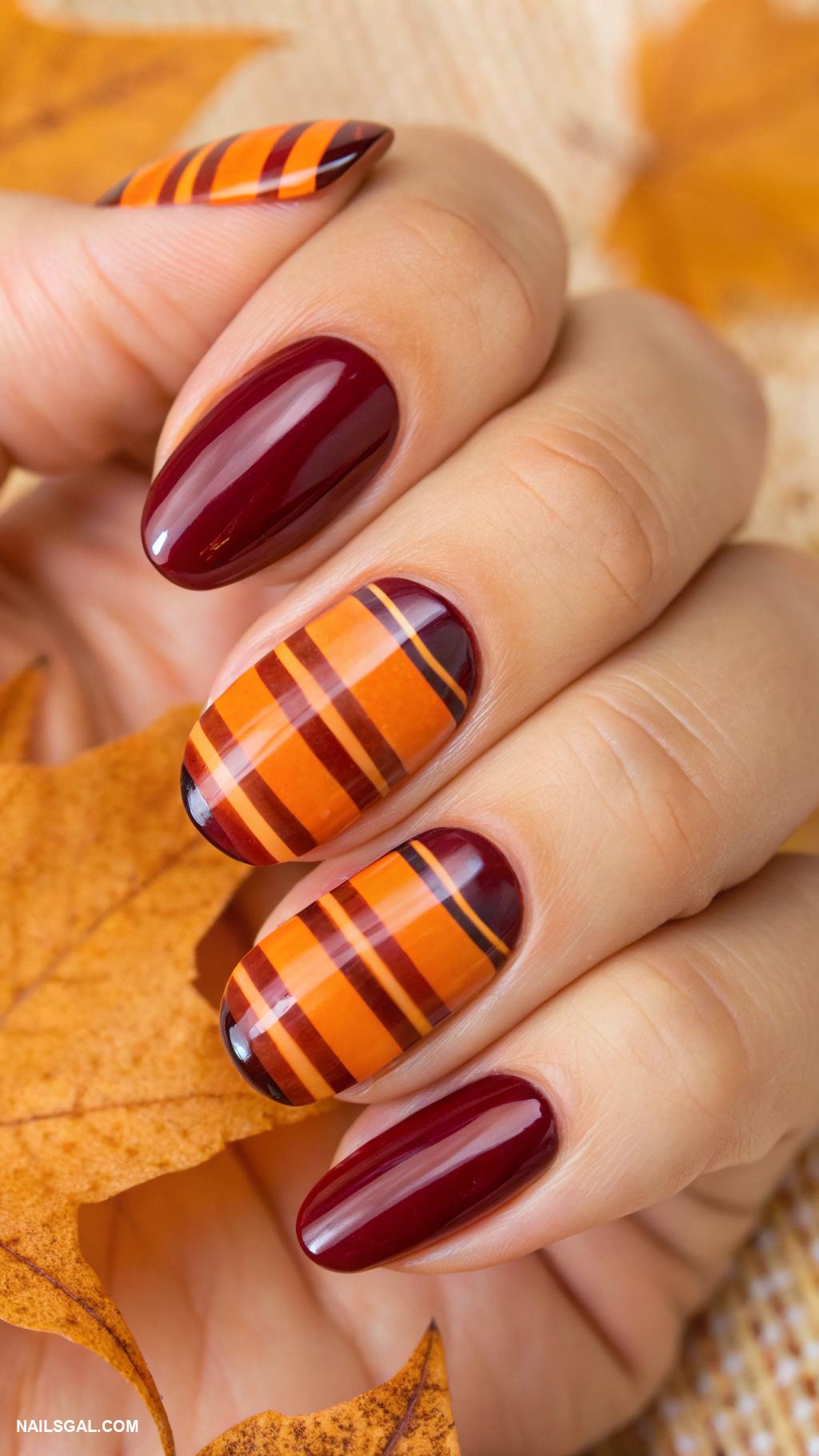 fall orange nails Stripes of orange and burgundy