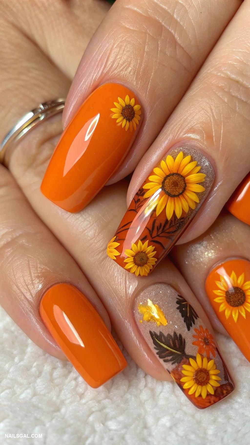 fall orange nails Sunflower accents on orange nails