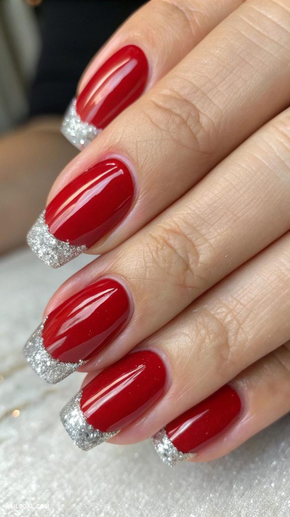 french tip nails Classic red with silver tips