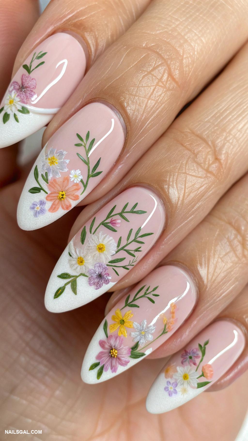 french tip nails Floral designs on natural base