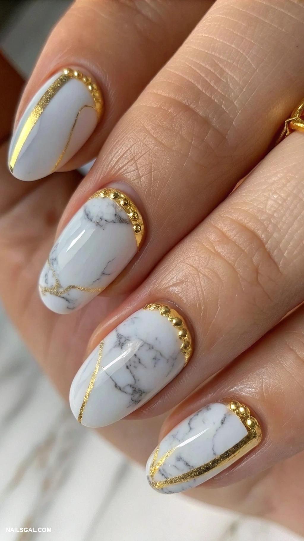 french tip nails Marble effect with gold tips