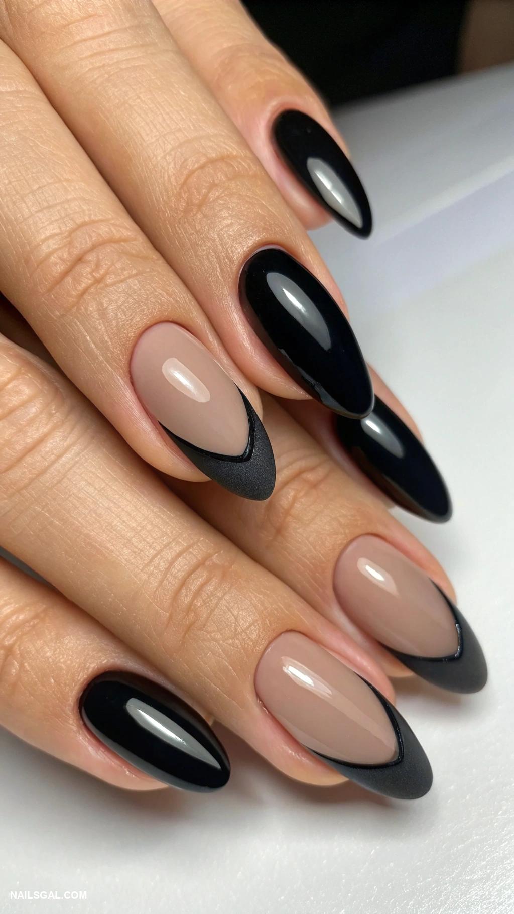 french tip nails Matte black with glossy tips