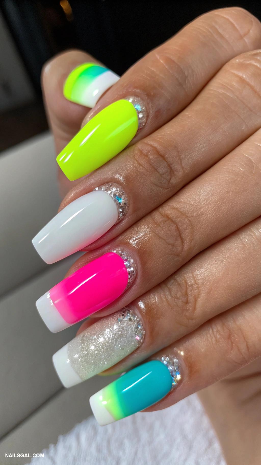 french tip nails Neon colors with white tips
