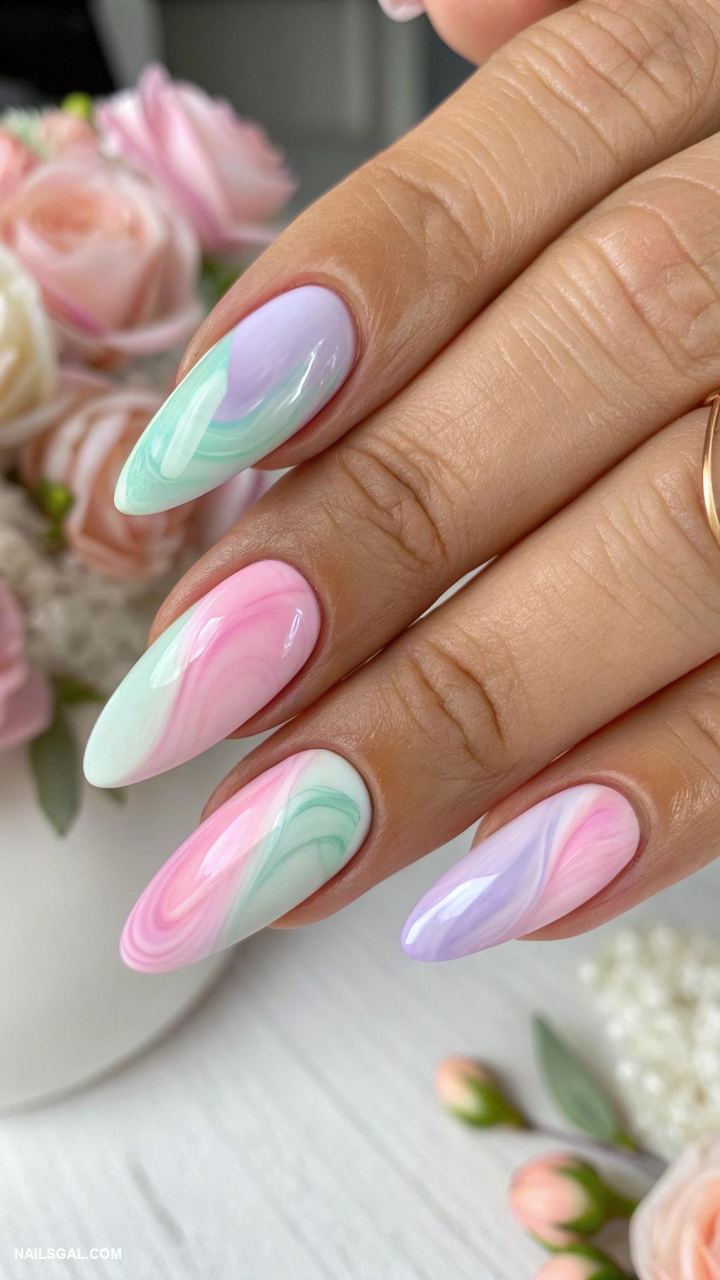 french tip nails Watercolor swirl effect on tips