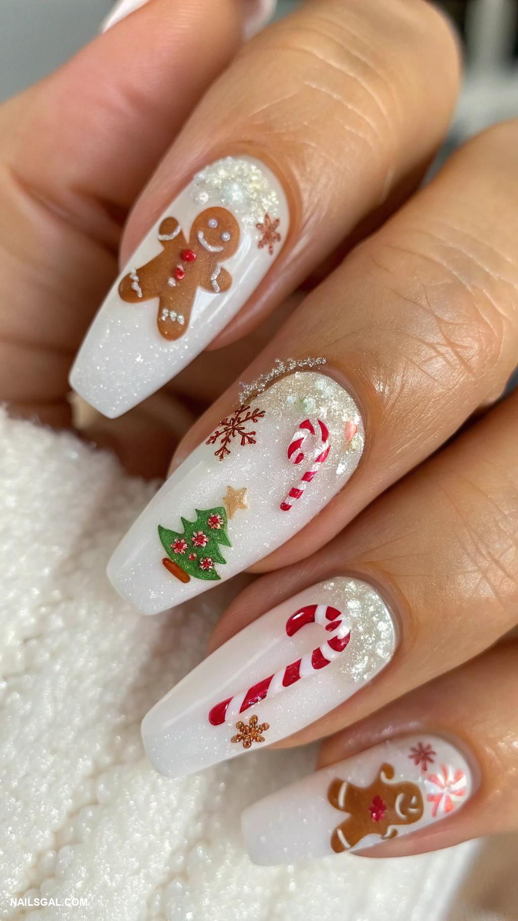 gingerbread nails Frosted white tips with gingerbread art