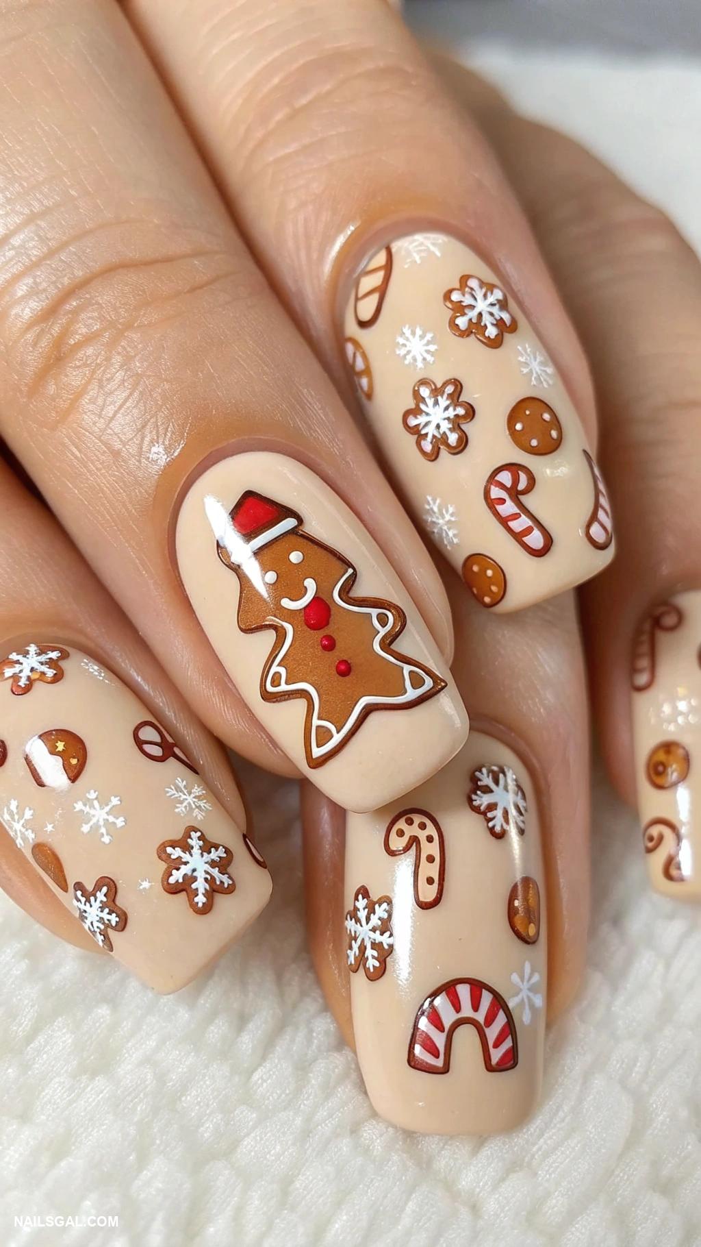 gingerbread nails Gingerbread cookie pattern on nude base