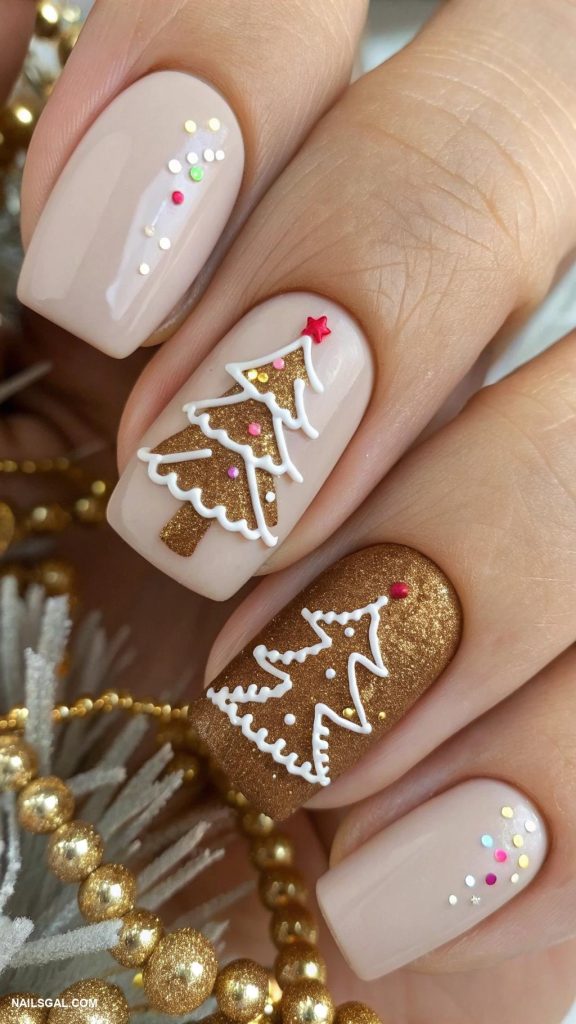 gingerbread nails Simple gingerbread tree on accent nail