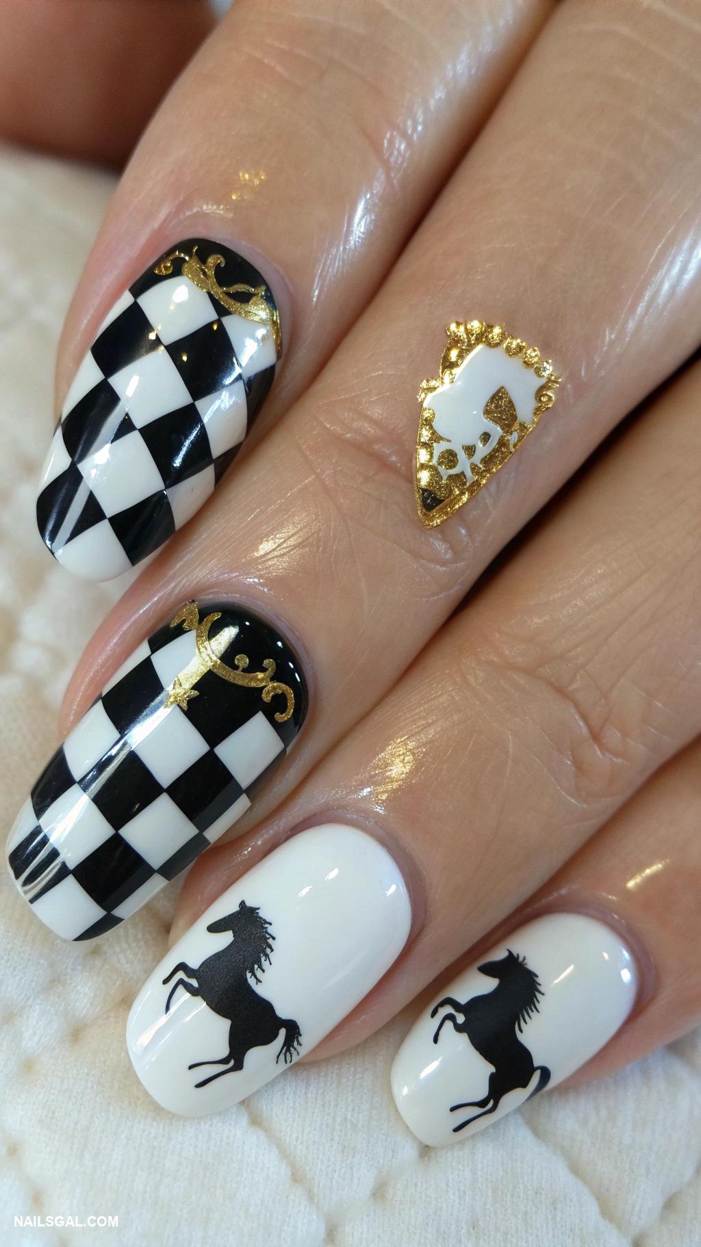 horse nail art Checkerboard pattern with horse motifs