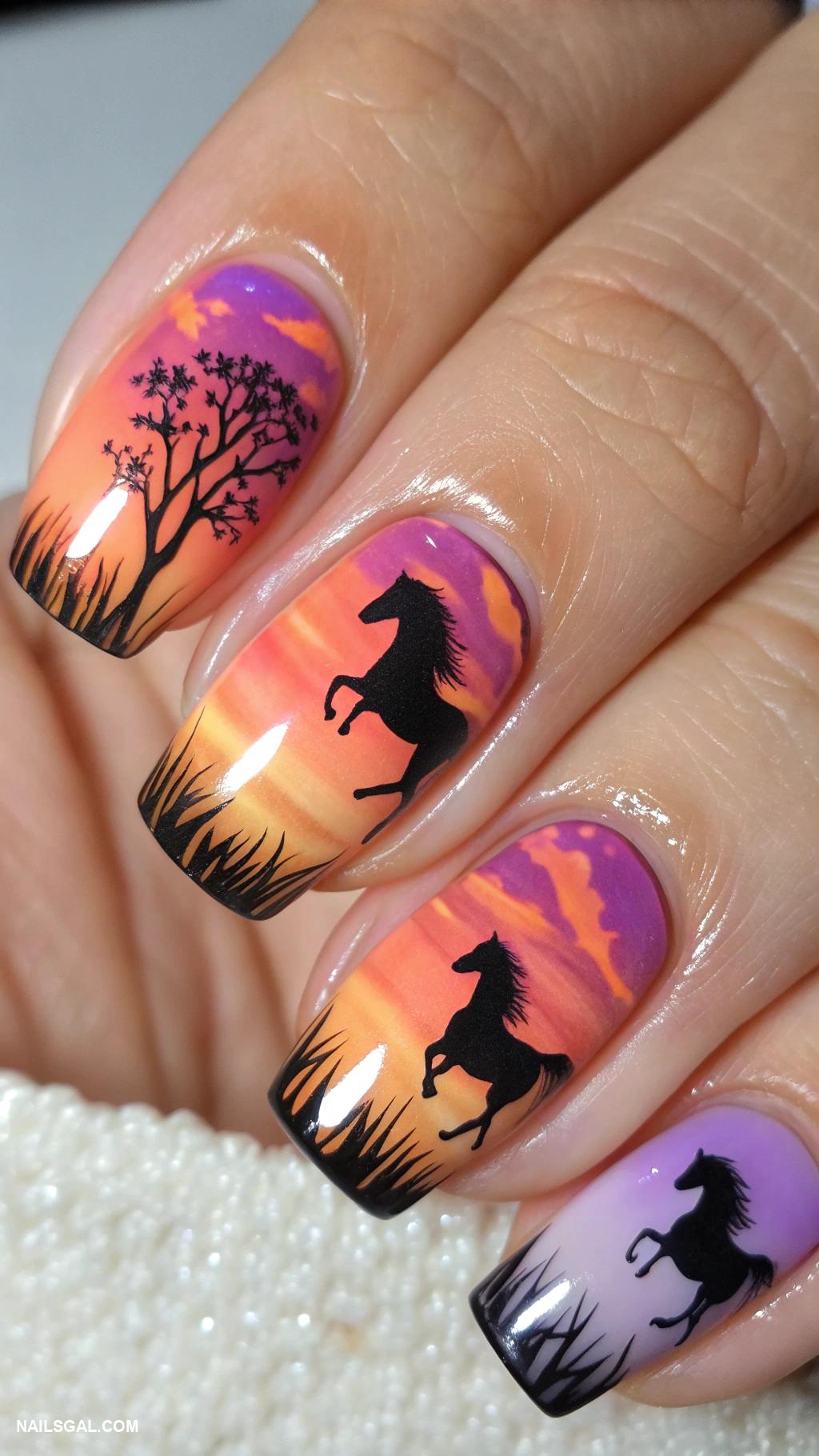 horse nail art Galloping horses on a sunset backdrop