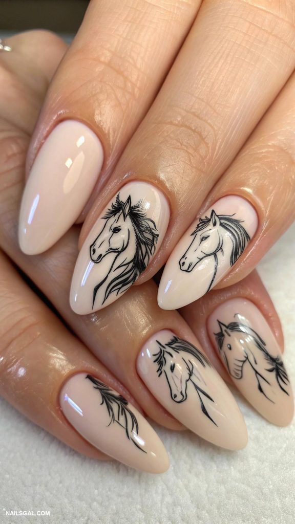 horse nail art Horse head sketches on nude base