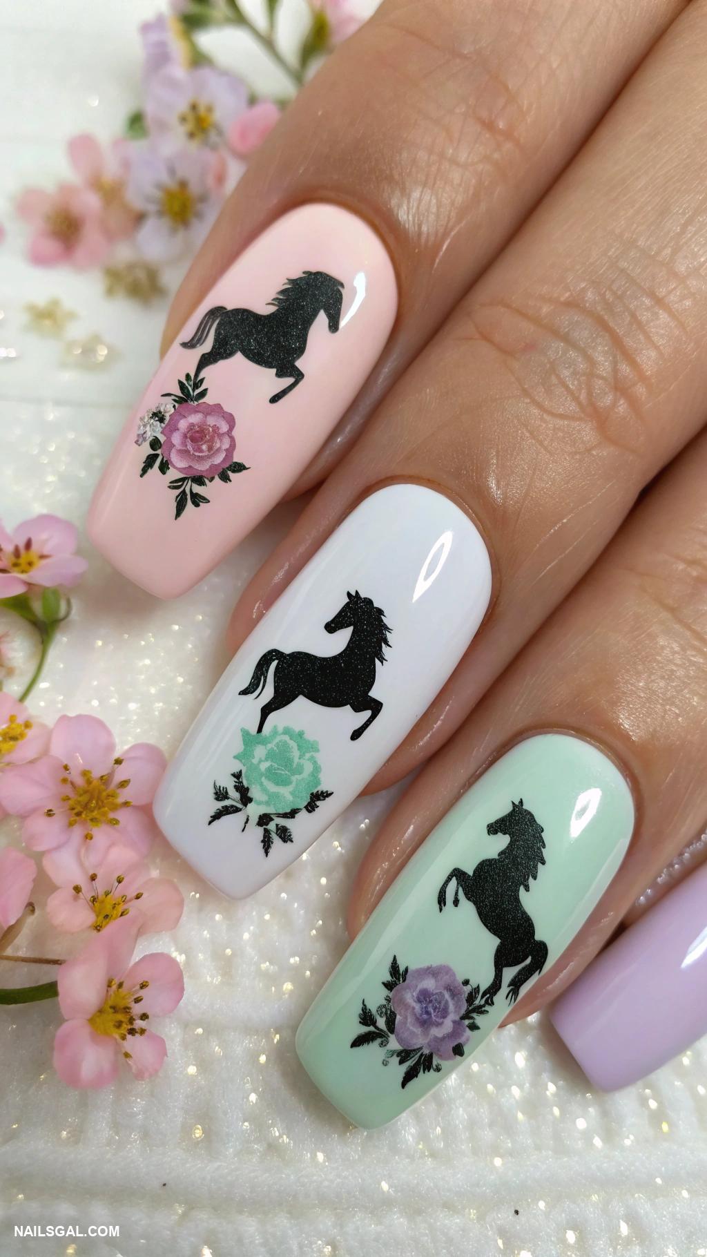 horse nail art Horse silhouette with floral accents