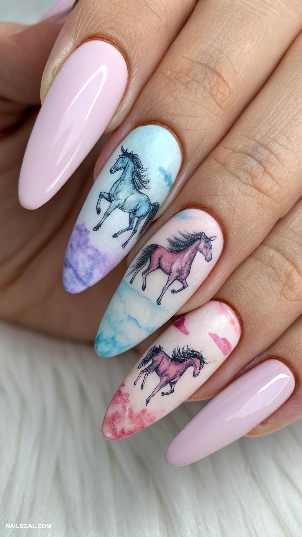 horse nail art Watercolor horses in soft shades