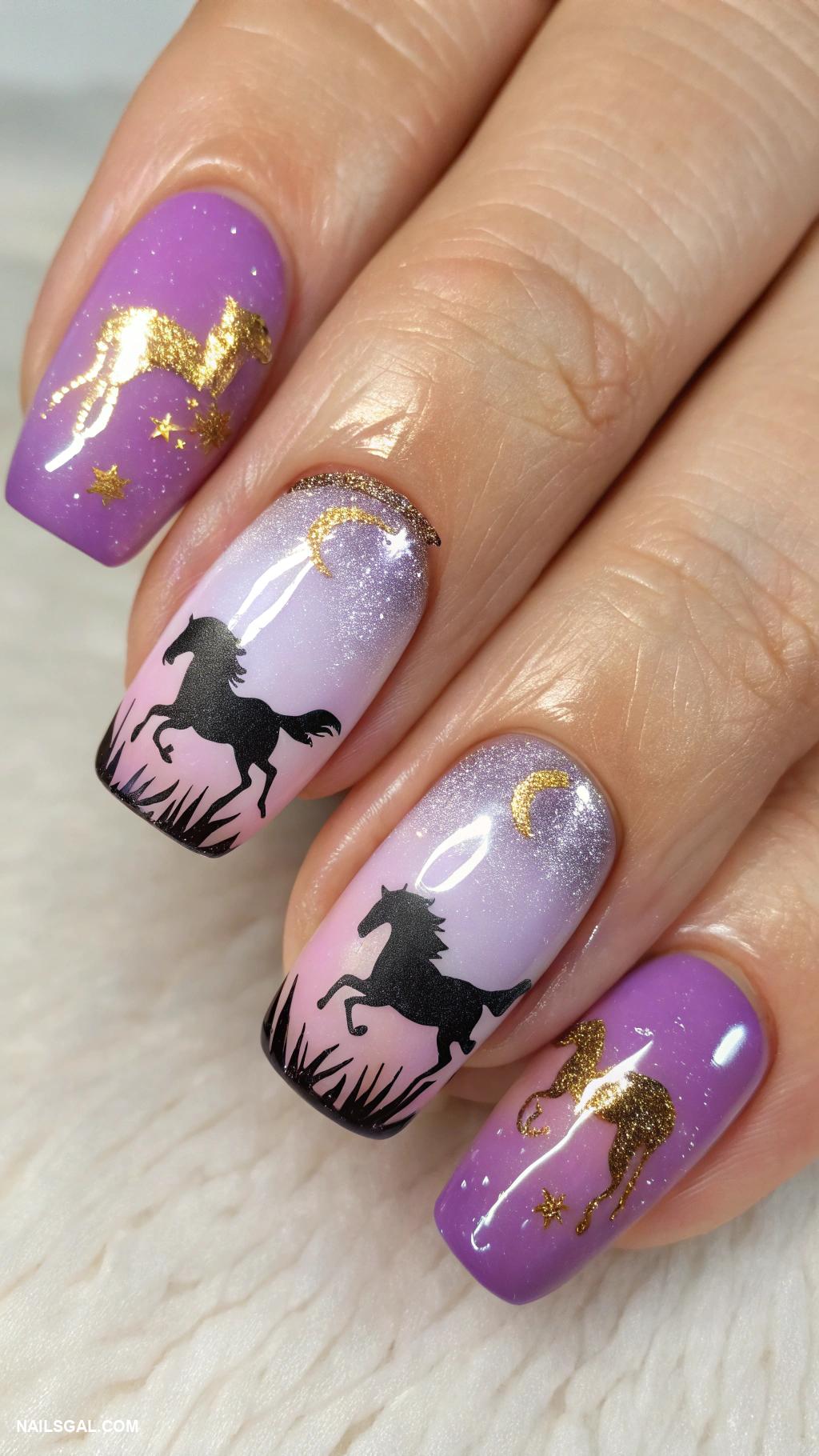 horse nail art Wild mustangs running on ombre nails