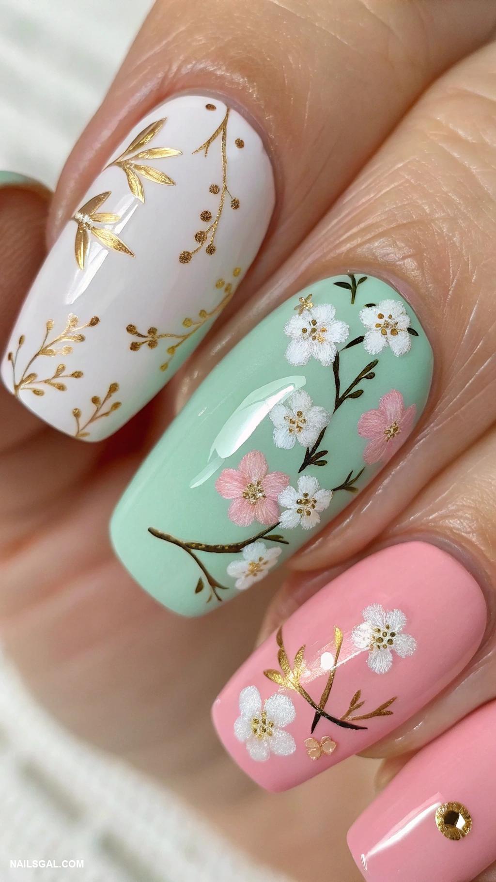 pink and green nails Floral designs on alternating colors