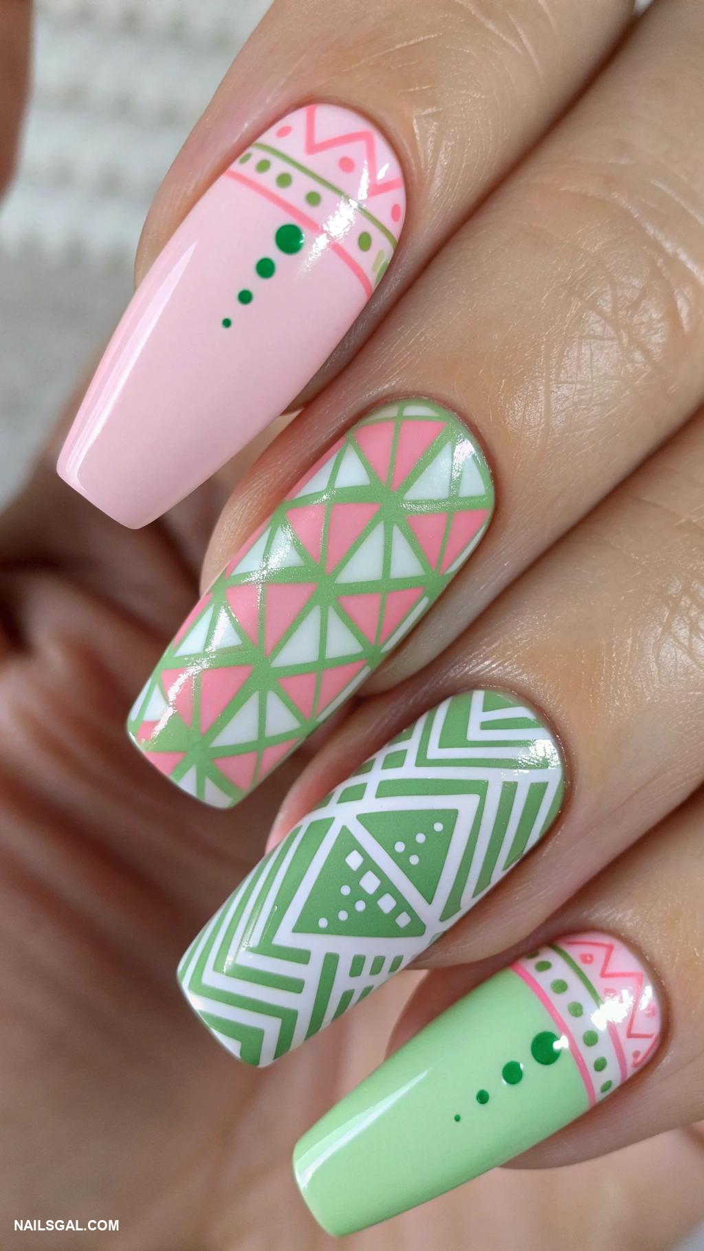 pink and green nails Geometric patterns in pink and green