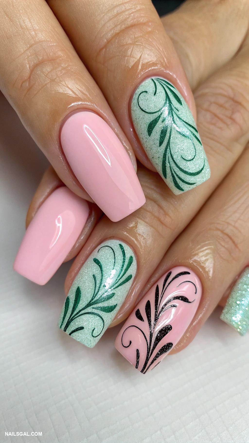 pink and green nails Glitter accent nails with pink greens