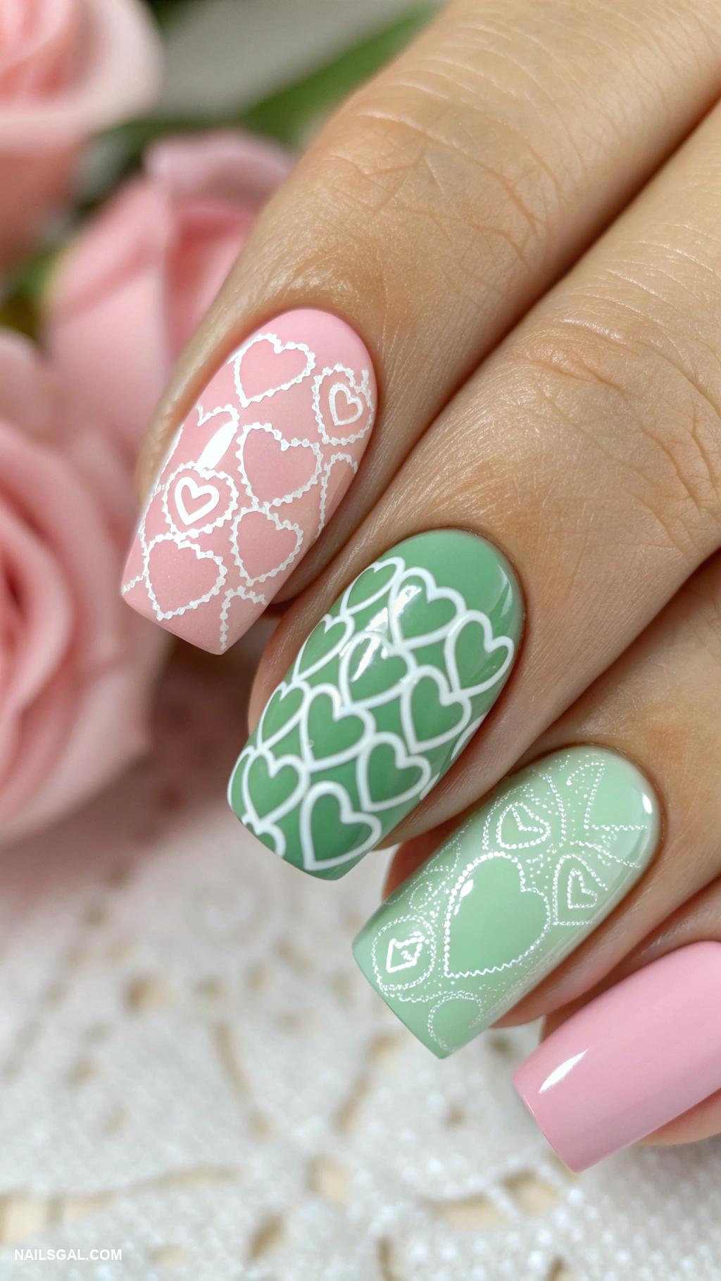 pink and green nails Heart designs in contrasting colors