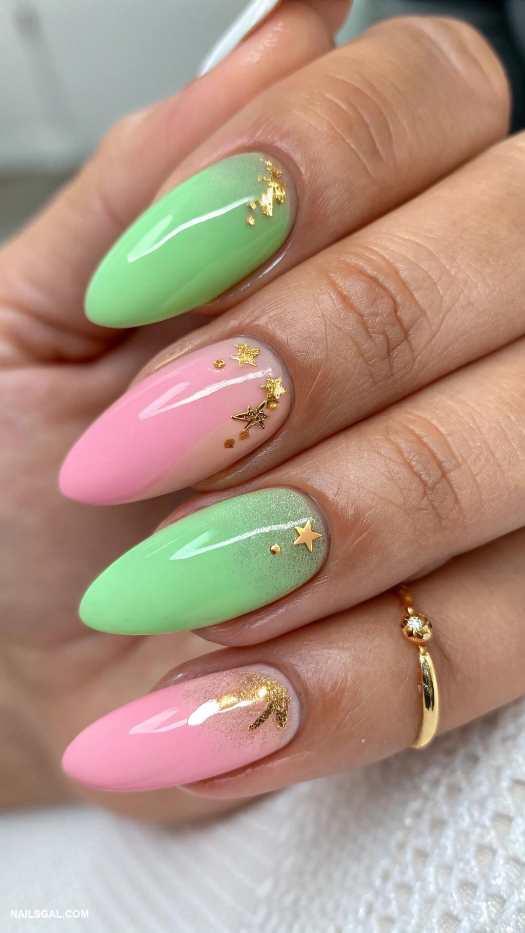 pink and green nails Ombre pink to green fade