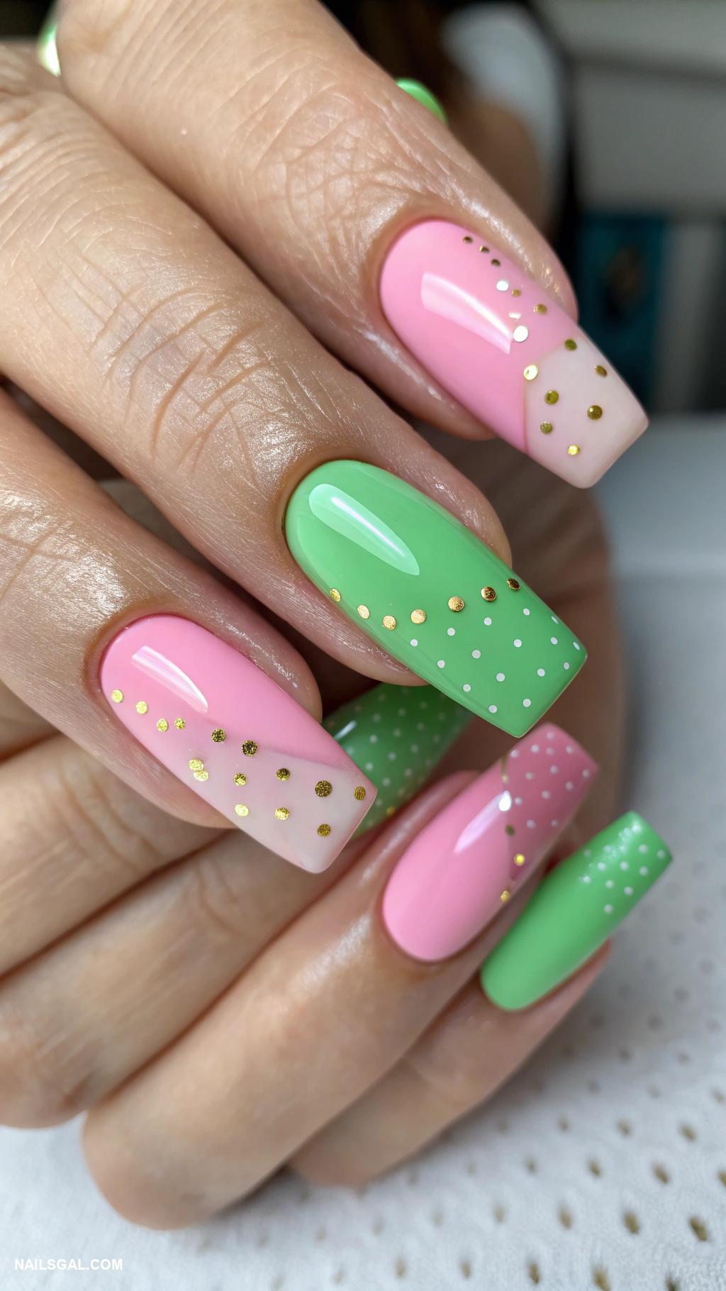 pink and green nails Pastel pink with vibrant green tips