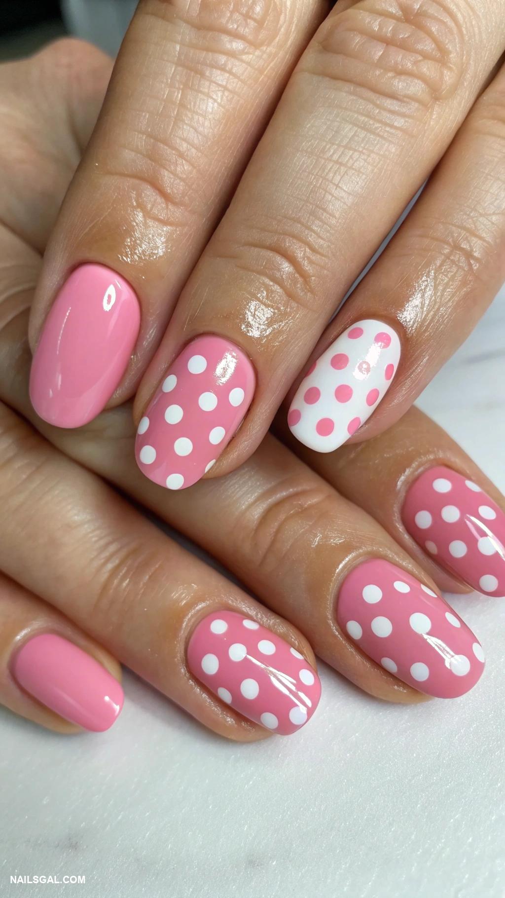pink and green nails Polka dots on pink base