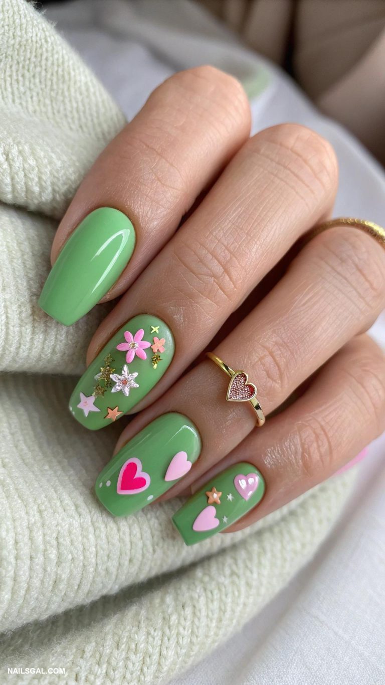 pink and green nails Solid green nails with pink charms