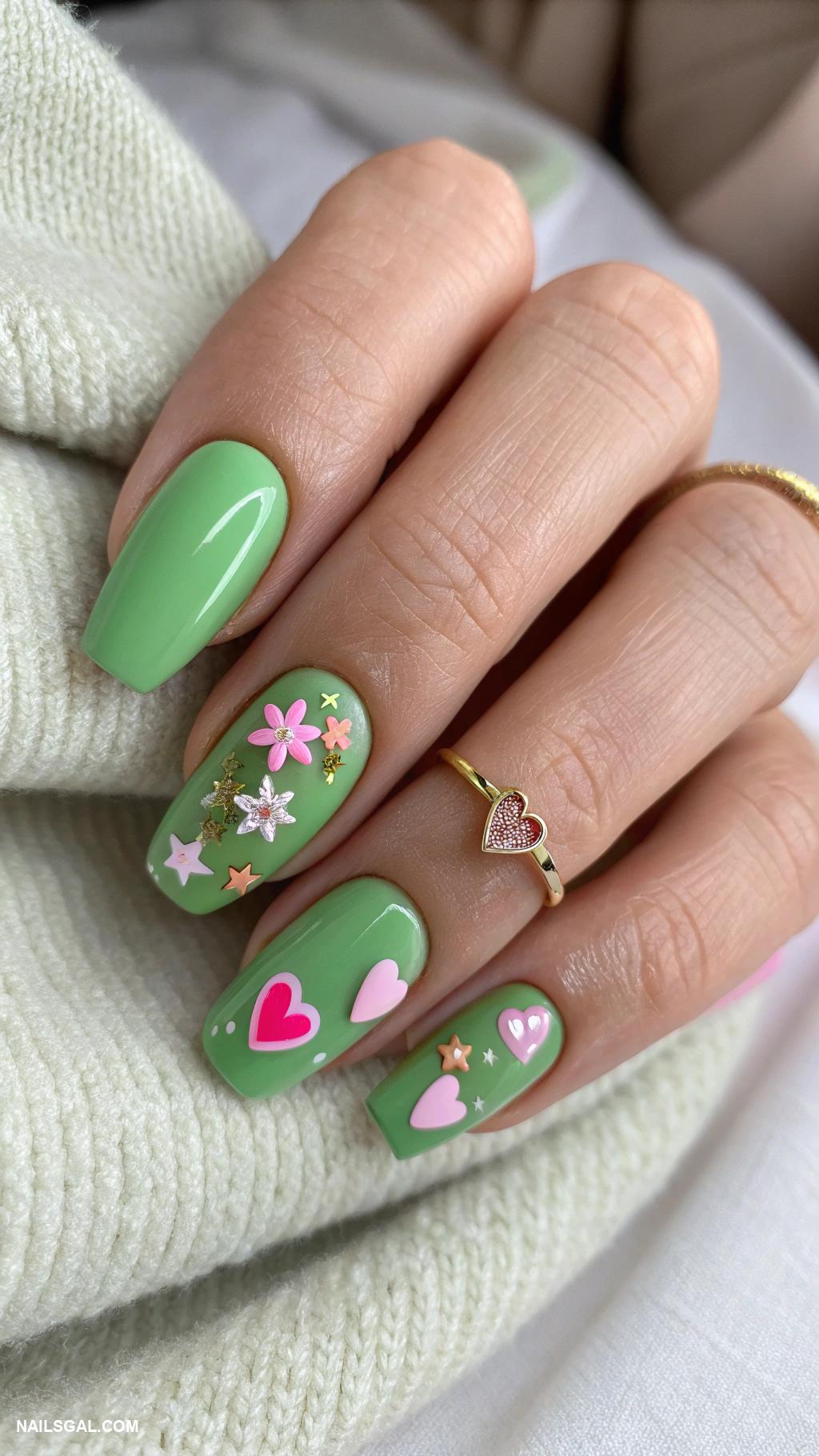 pink and green nails Solid green nails with pink charms