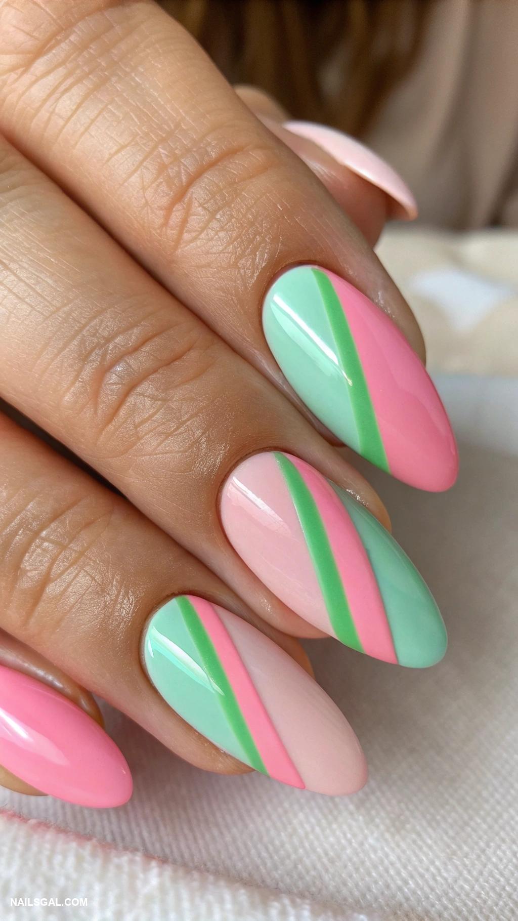 pink and green nails Stripes of pink and green alternating