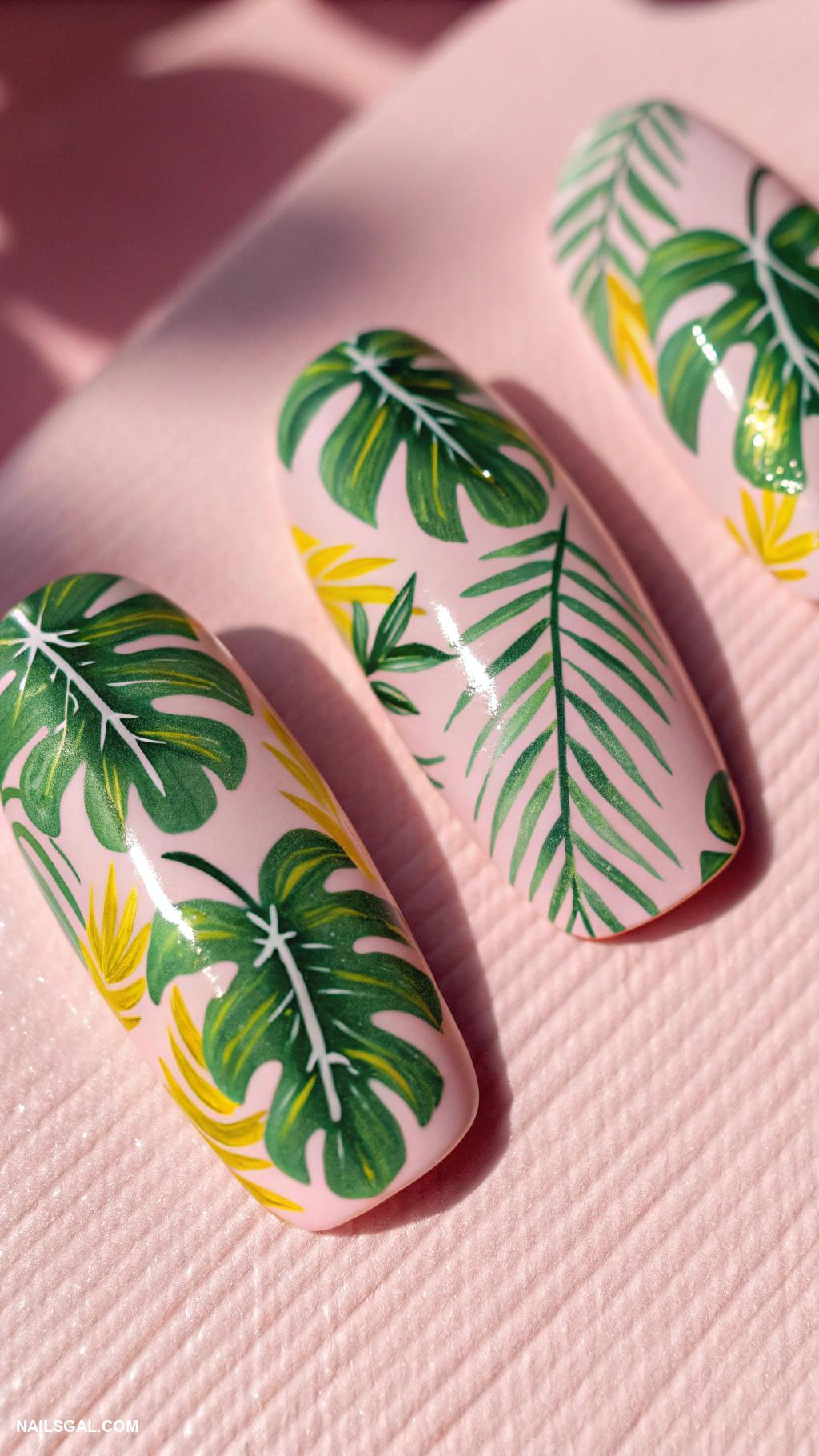 pink and green nails Tropical leaves on pink background