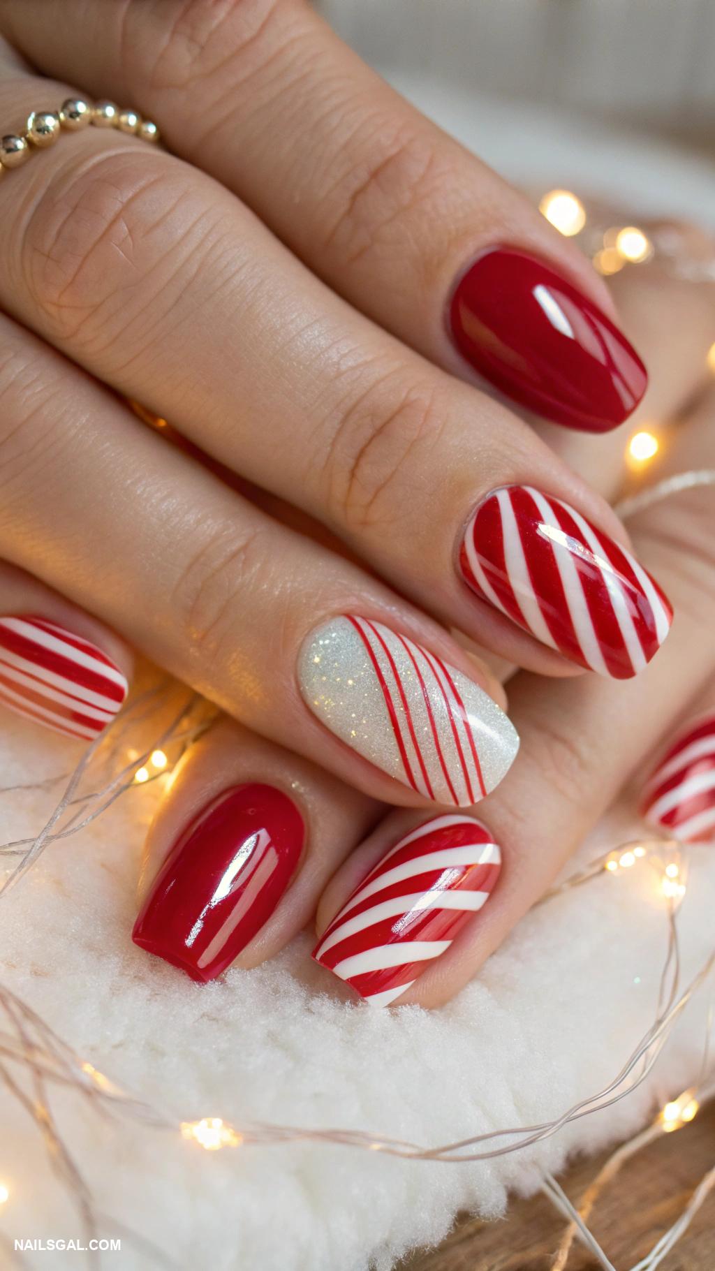 red christmas nails Candy cane stripes on a red base