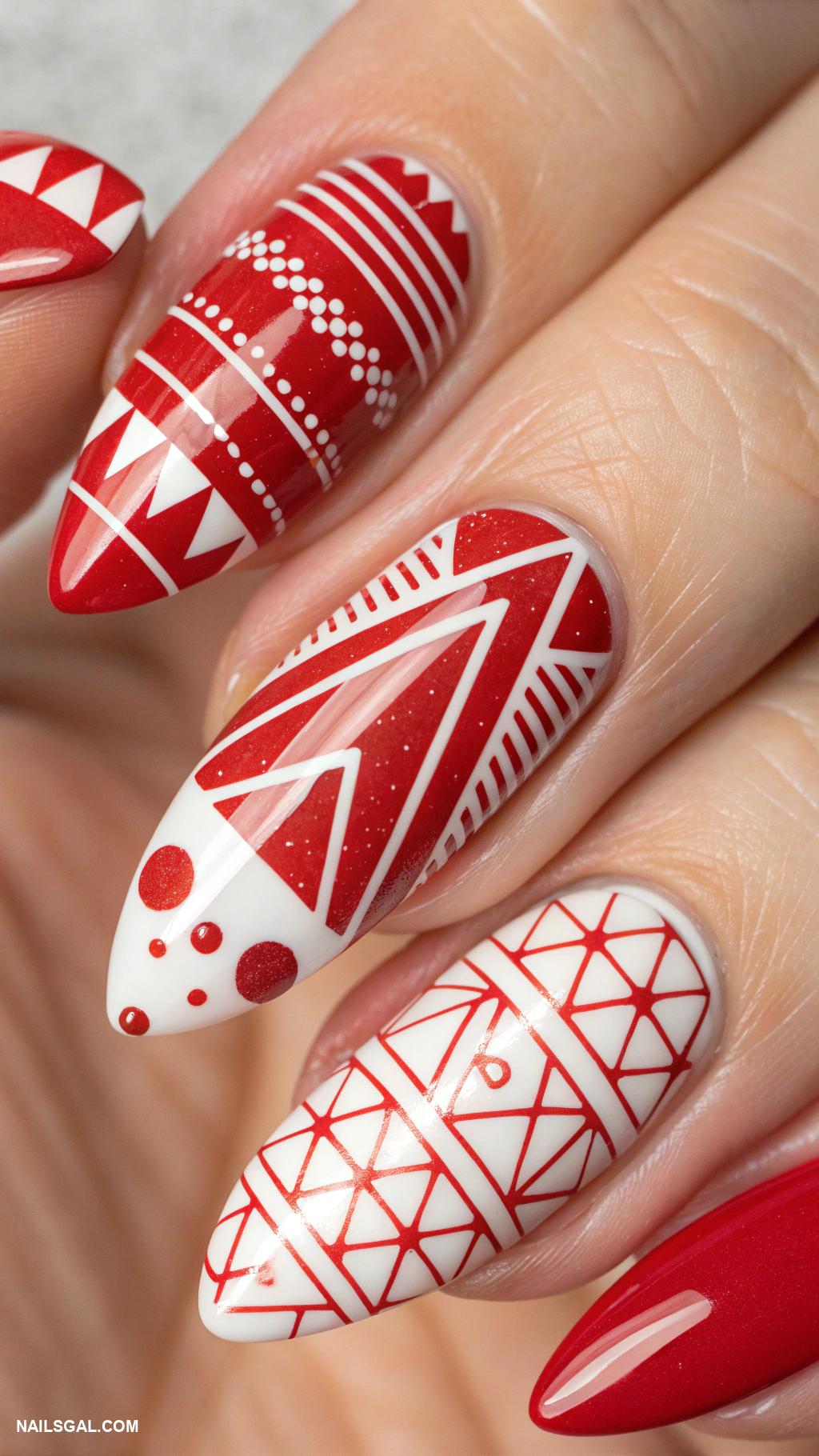 red christmas nails Geometric red and white patterns
