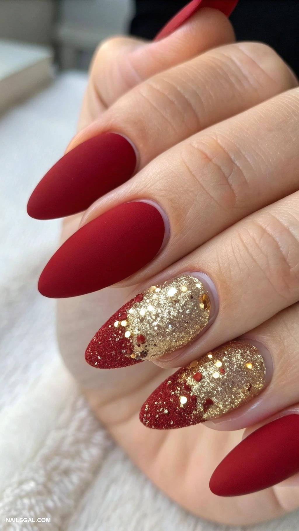 red christmas nails Matte red with gold glitter tips