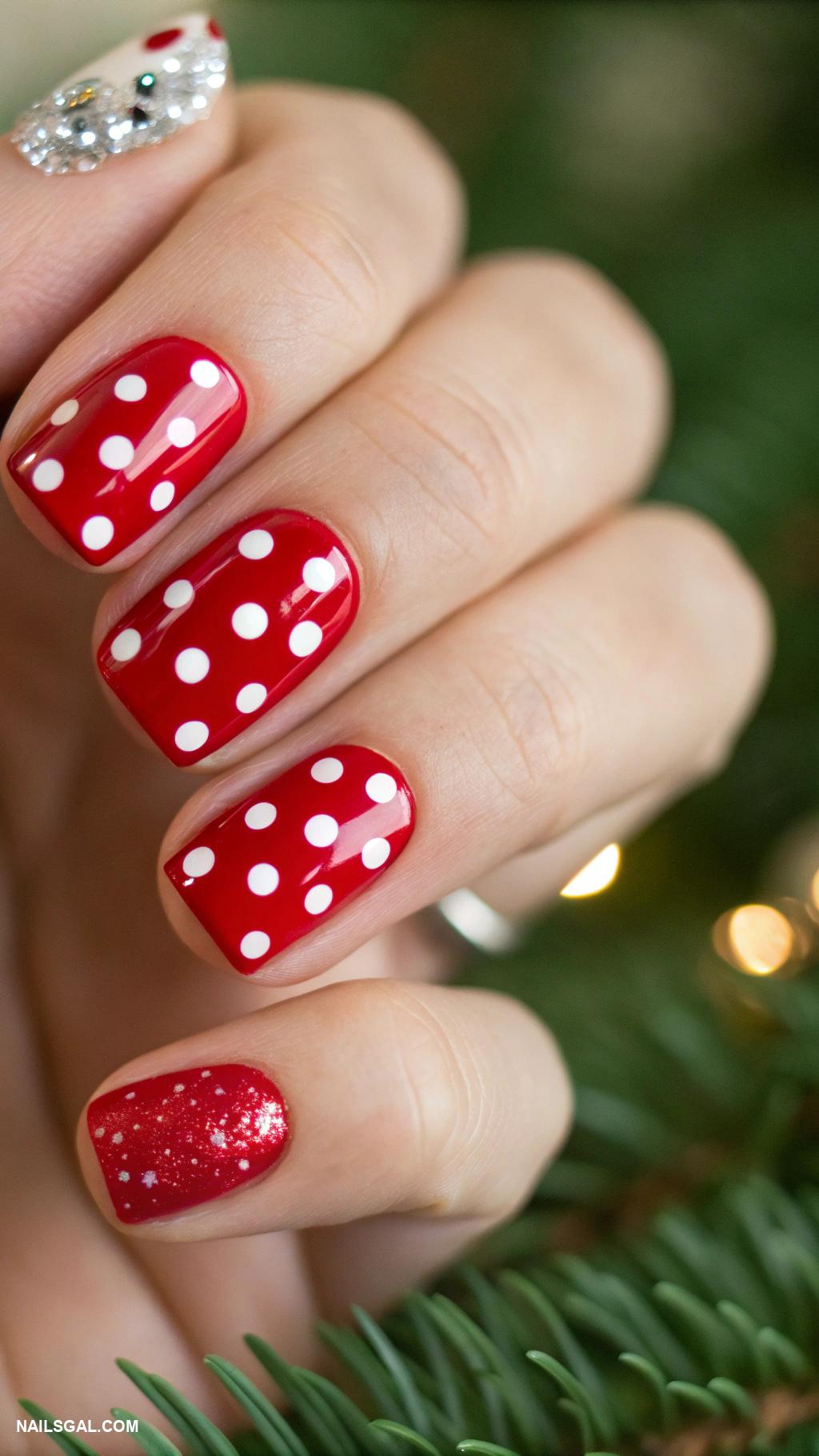 red christmas nails Polka dot red with green background