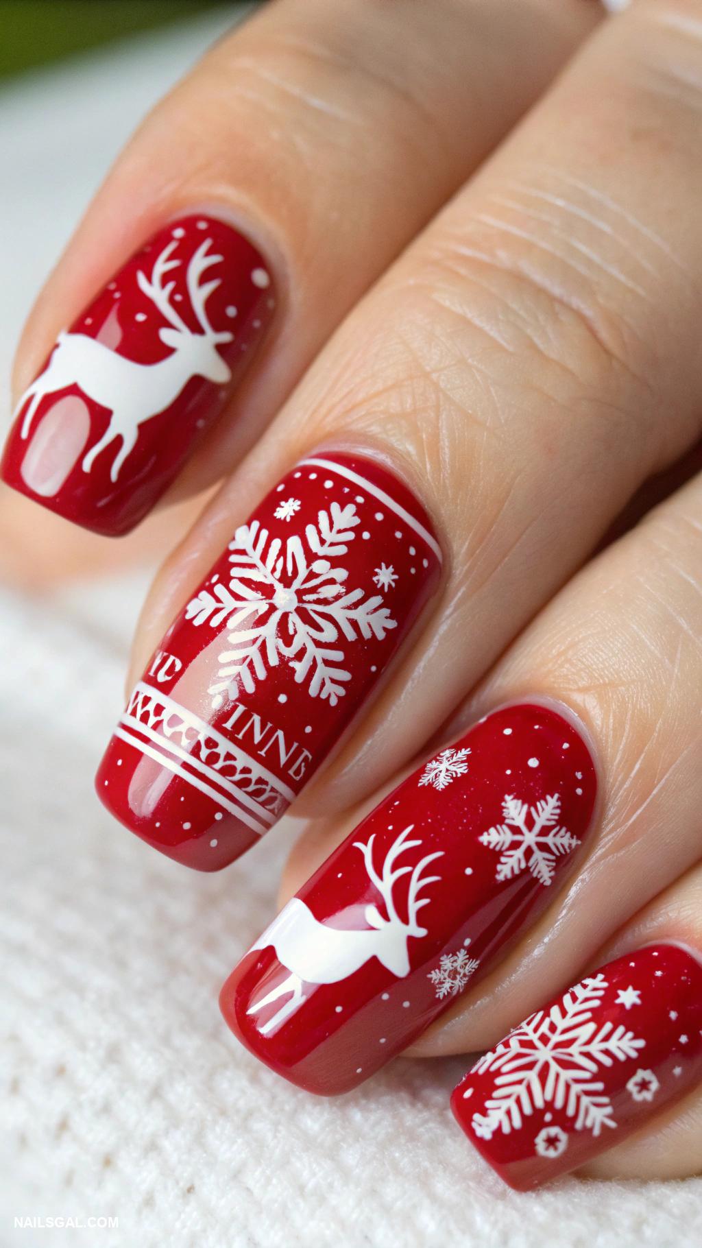 red christmas nails Red base with reindeer silhouettes