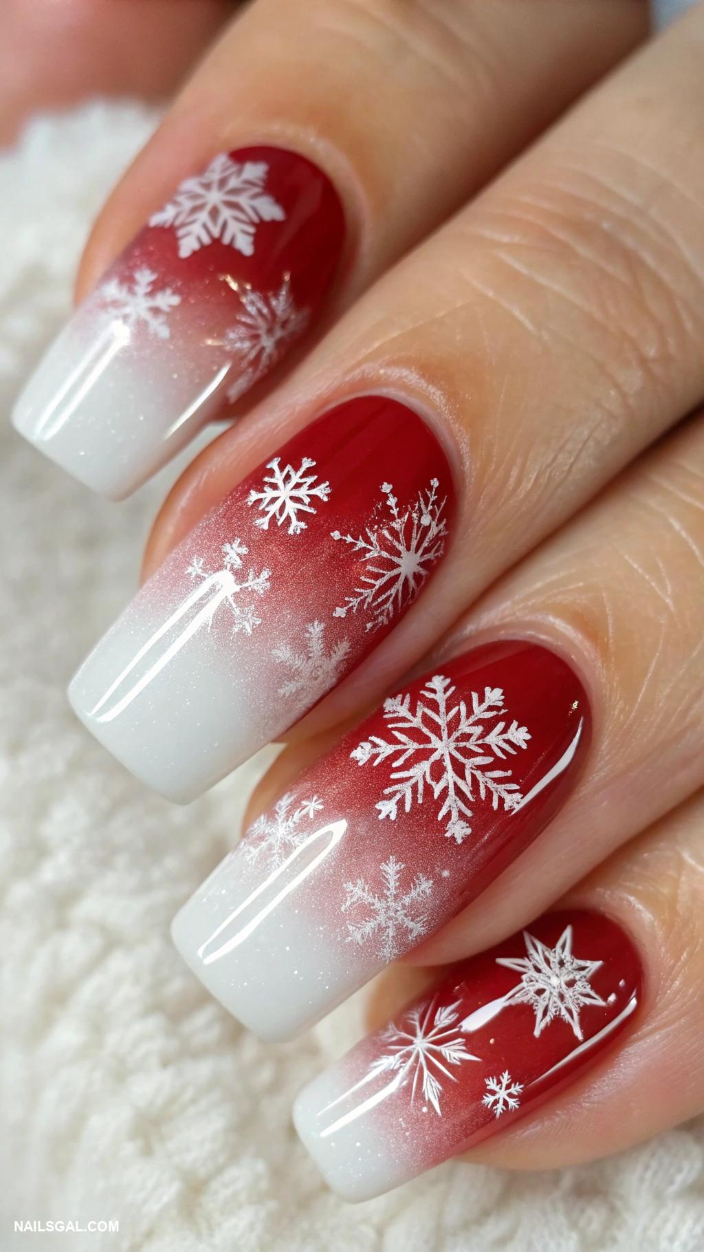 red christmas nails Red ombre with white snowflakes