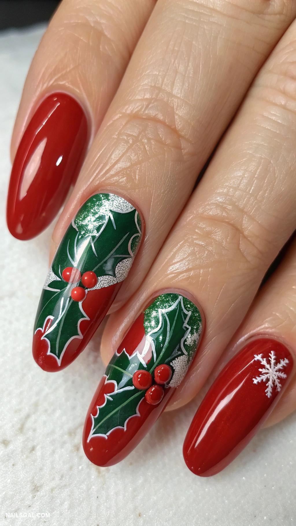 red christmas nails Red with holly leaf accents