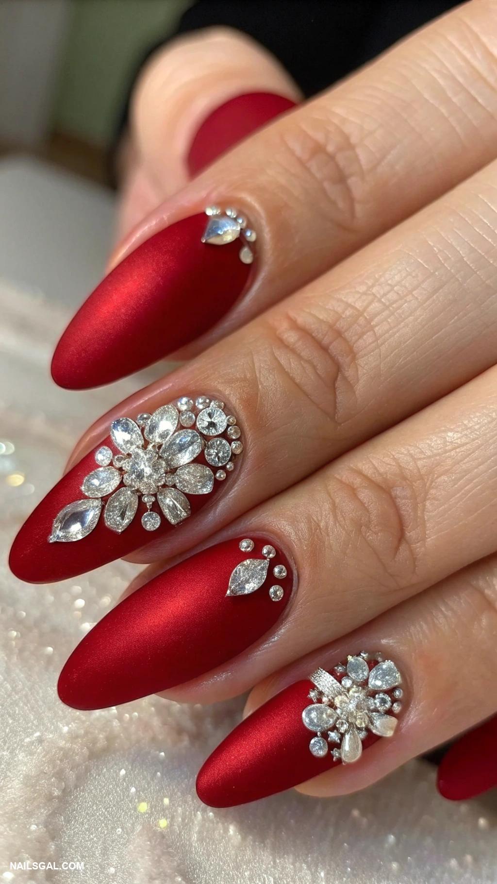 red christmas nails Satin red with silver rhinestones
