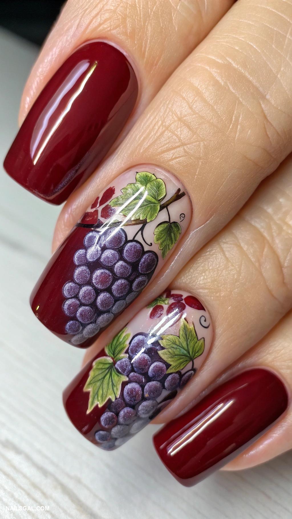 red wine nails Grape cluster designs on accent nails