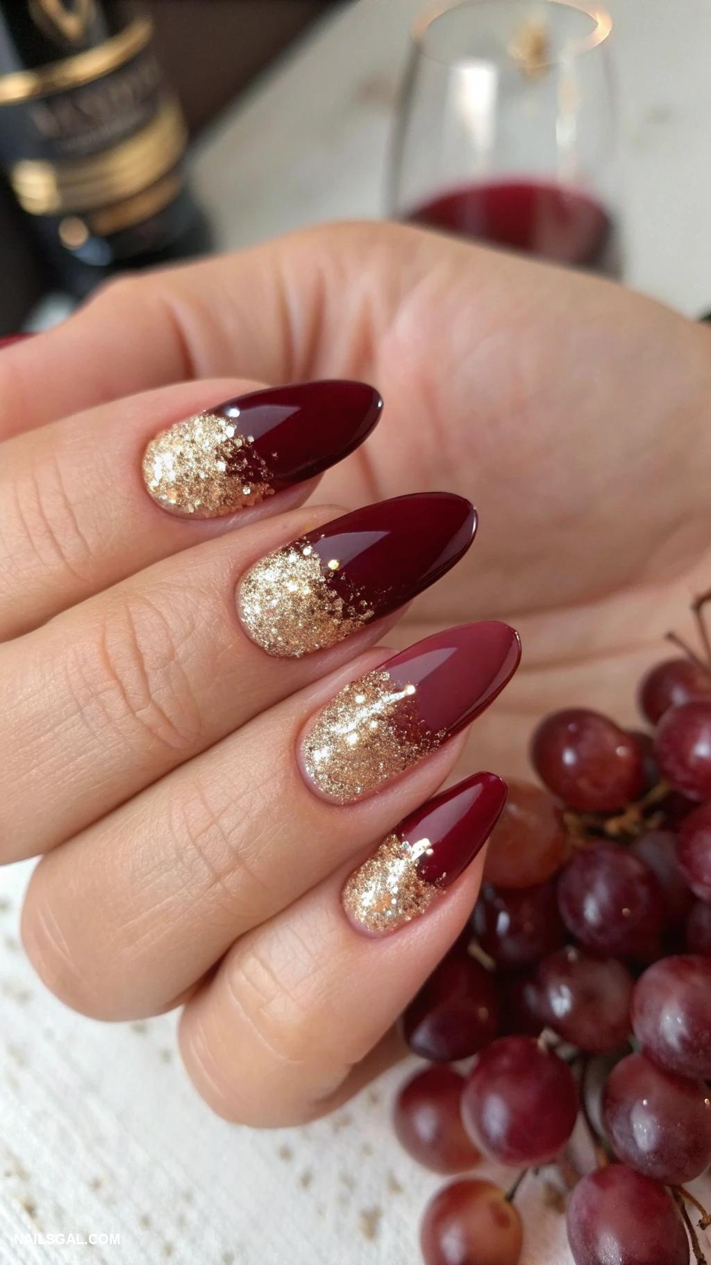 red wine nails Maroon ombre with gold glitter tips