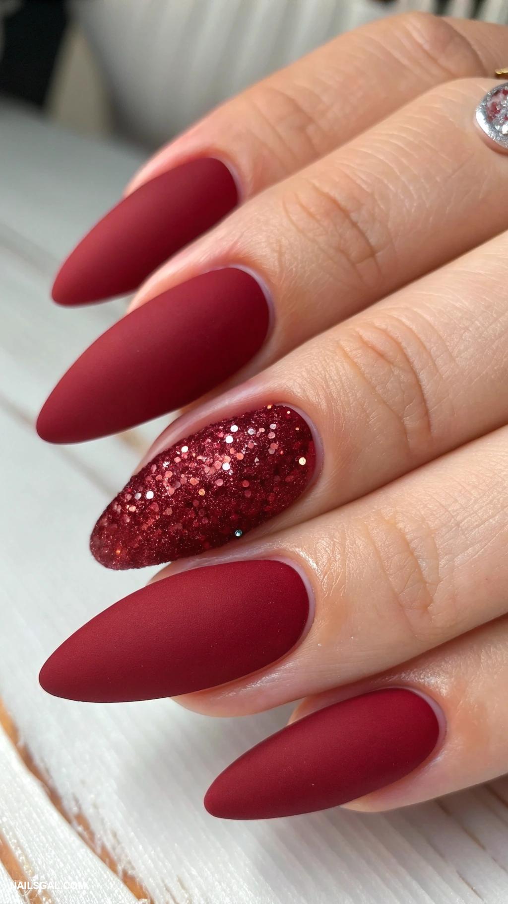 red wine nails Matte red base with glossy top coat