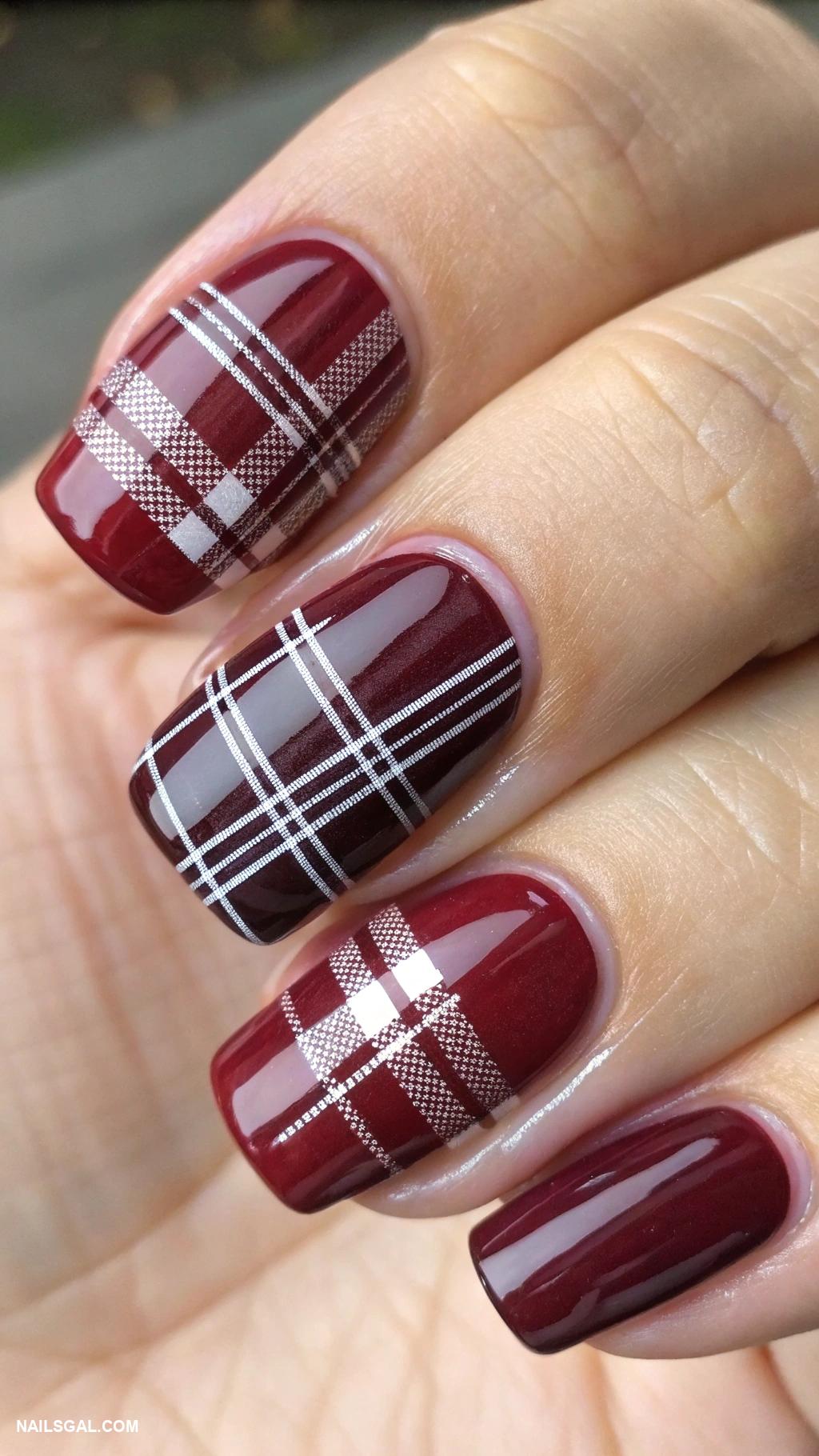 red wine nails Plaid patterns in burgundy tones