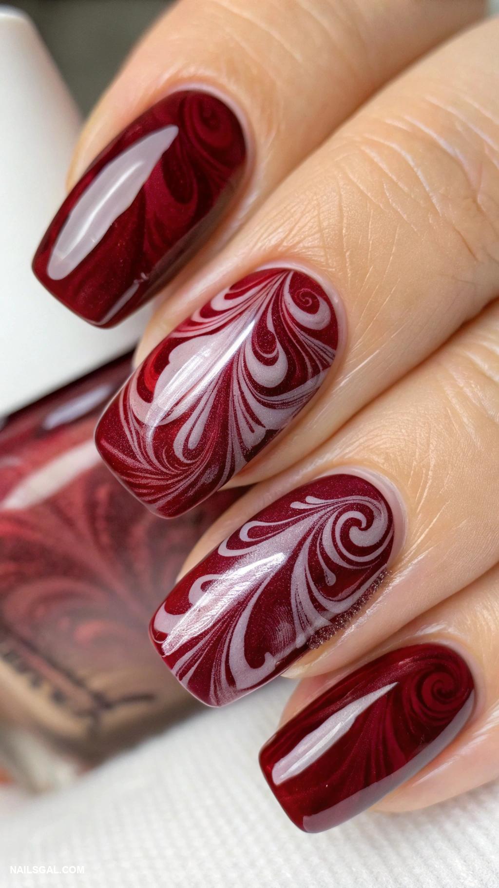red wine nails Watercolor swirls in deep reds