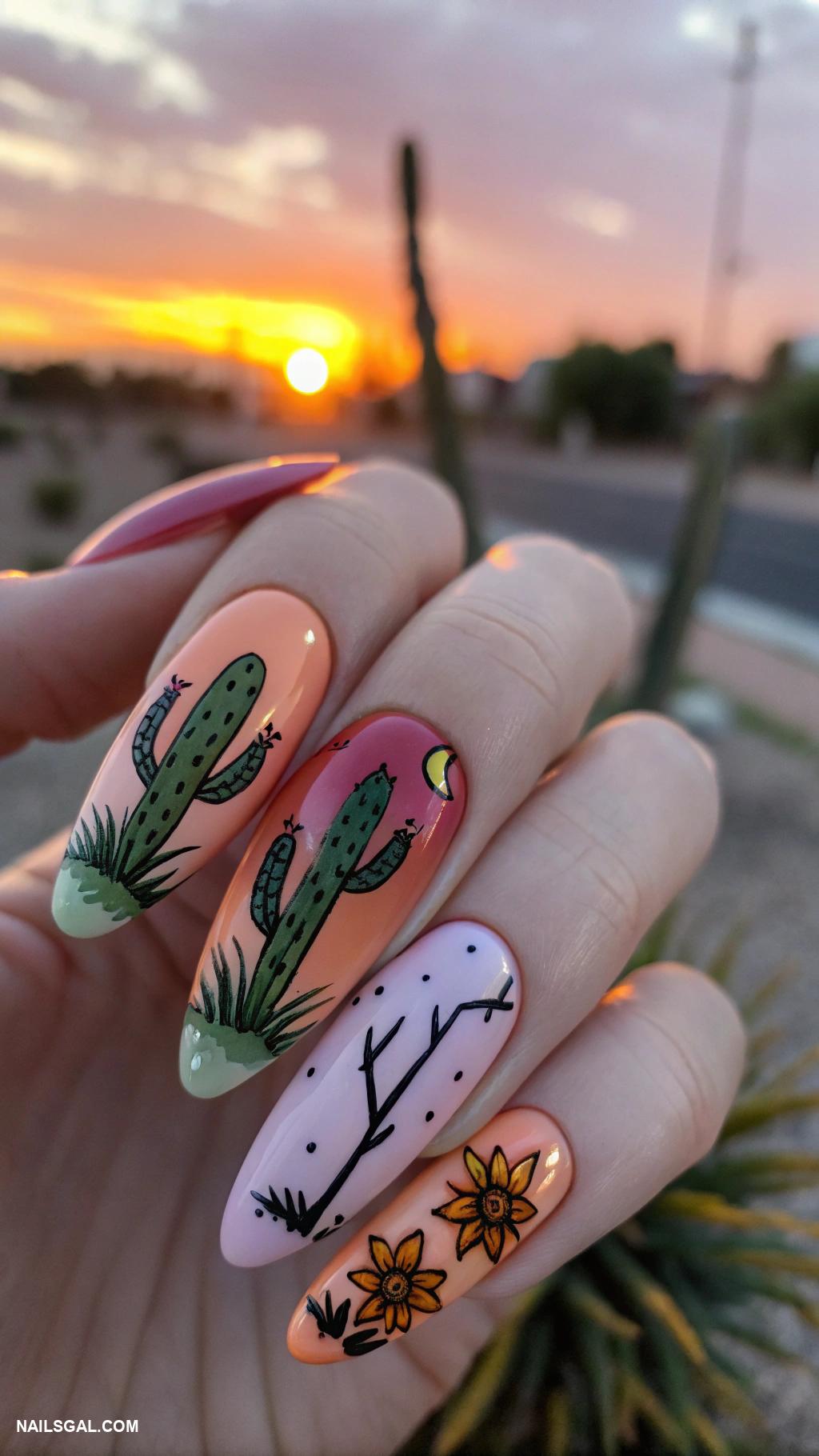 rodeo nails Cactus designs on sunset gradient
