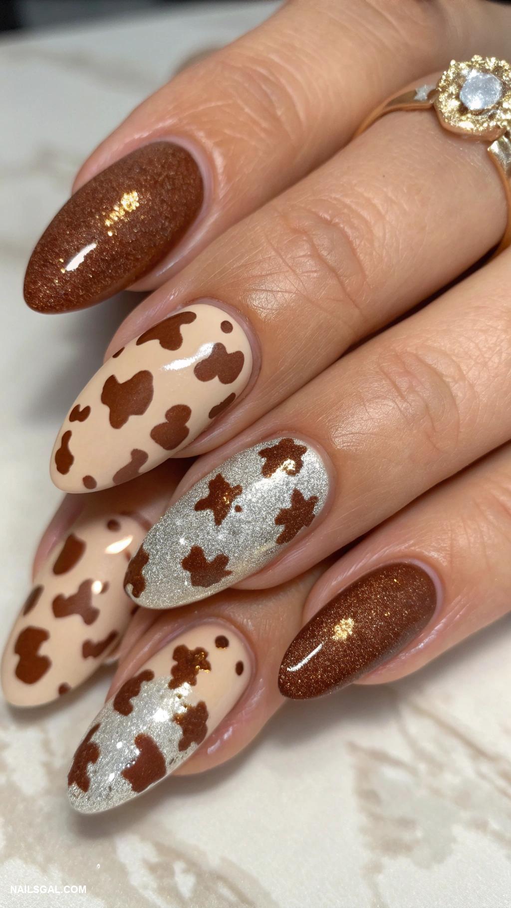 rodeo nails Cowhide pattern with accent glitter nails