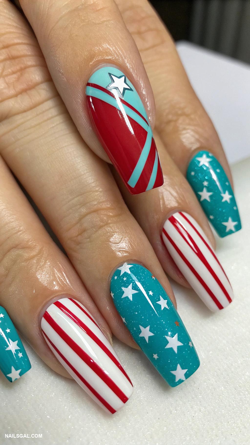 rodeo nails Red and turquoise stripes with stars