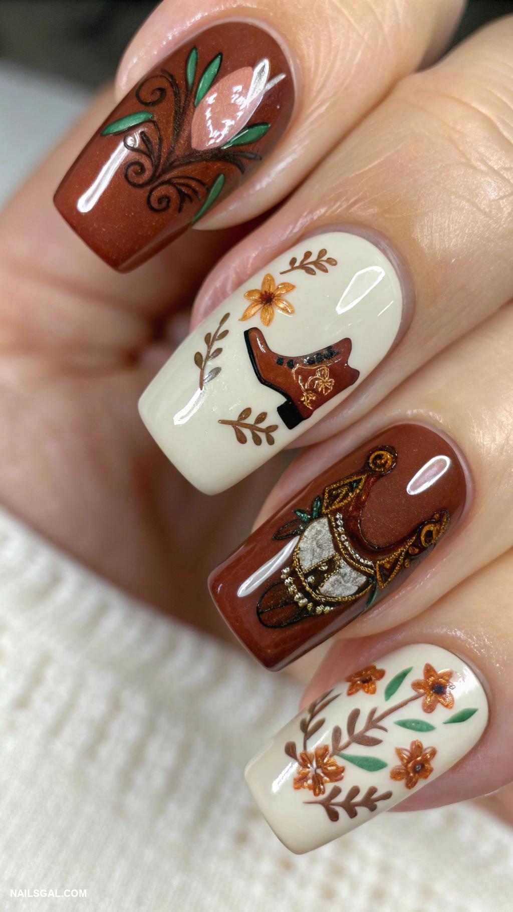 rodeo nails Western boot motifs in earthy tones